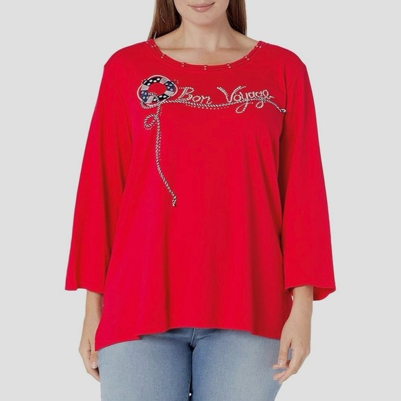 Alfred Dunner Tops - Alfred Dunner Red Bon Voyage Embroidered 3/4 Sleeve Top XL